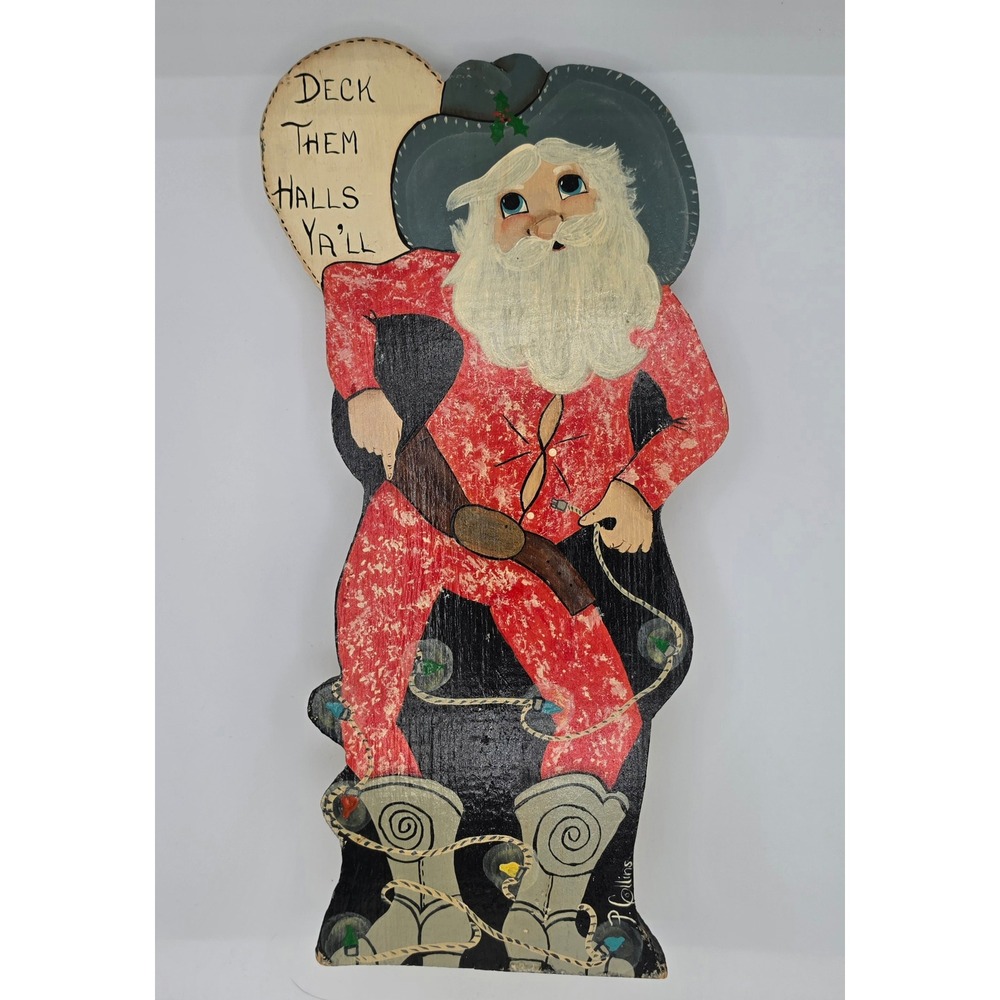 Vtg P Collins Hand Painted Wood Cowboy Santa Folk Art Sign Shelf Sitter Western